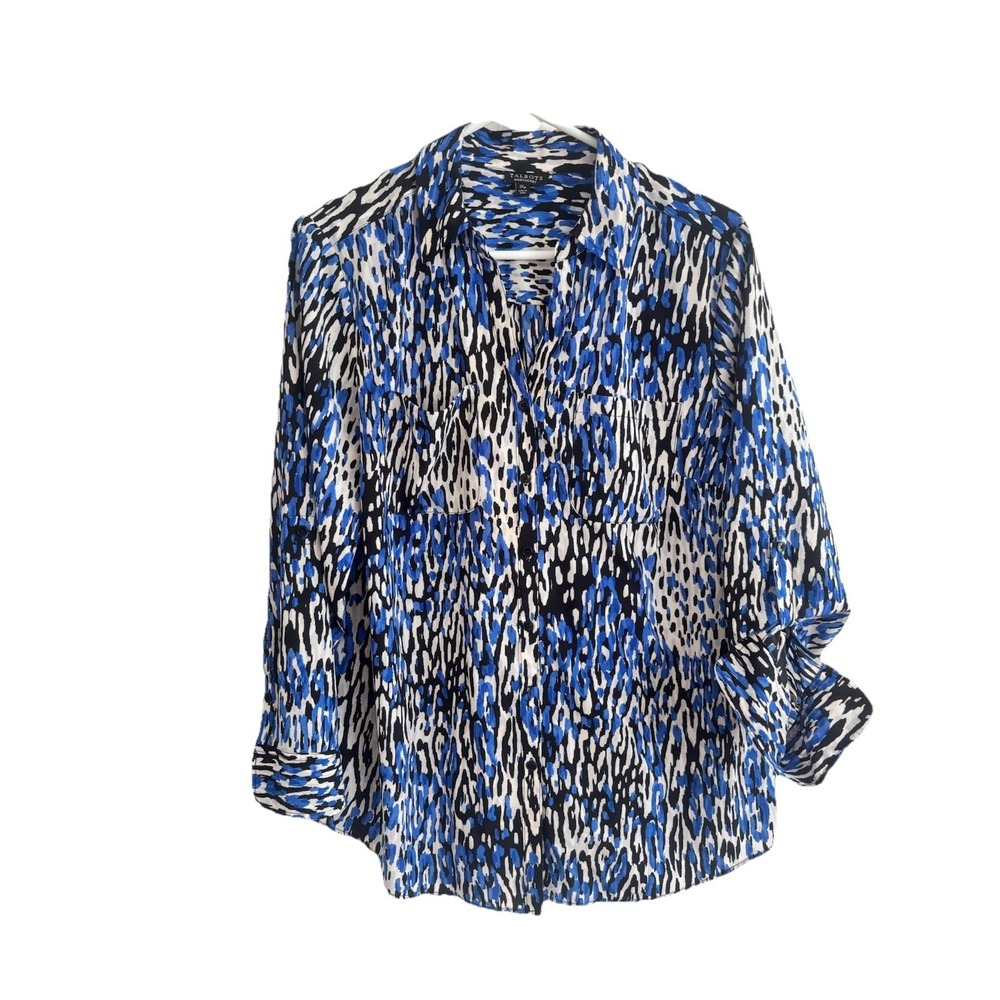 Talbots Nantucket Women's Petite 1Xp Blue Black Animal Print Mob Wife Button Top